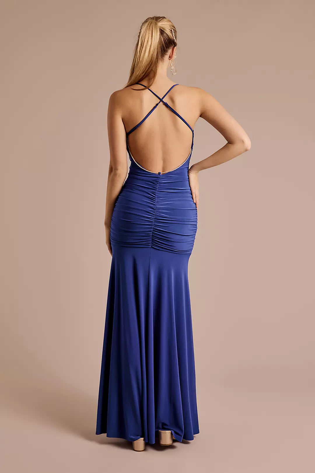 Fashionable Sheath Cowl Neck Ruched Open Back Side Slit Ankle-Length Prom Dresses women Hot Sale