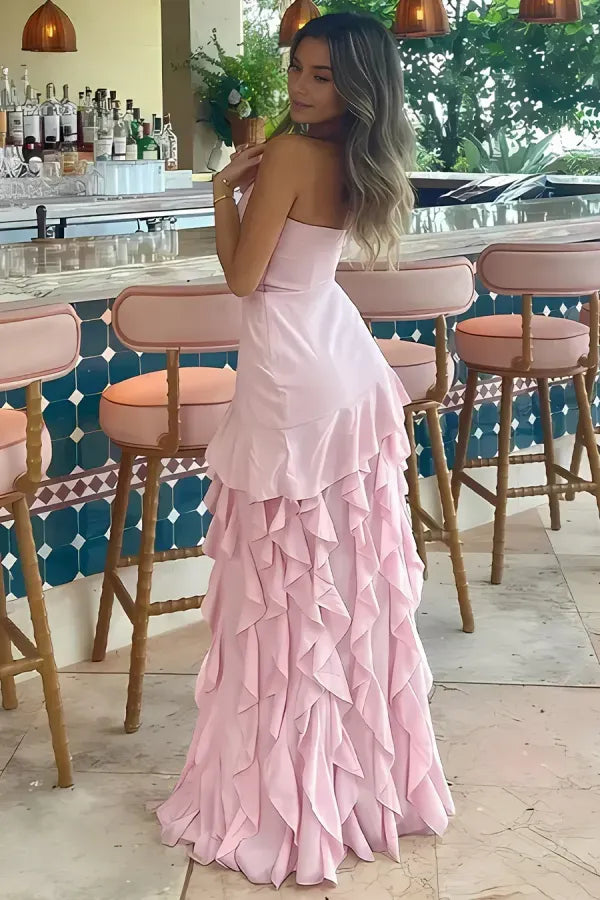 Fashionable Sheath Strapless Ruffles Tiered Sleeveless Back Zip High Side Slit and Floor-Length Prom Dress