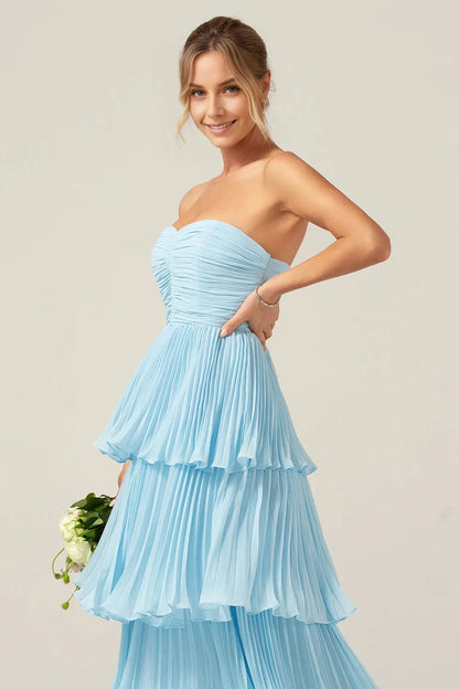 Fashionable Tiered Sweetheart Strapless Sleeveless Pleated Open-Back Back Zip Floor-Length Prom Dress female guests hot sale