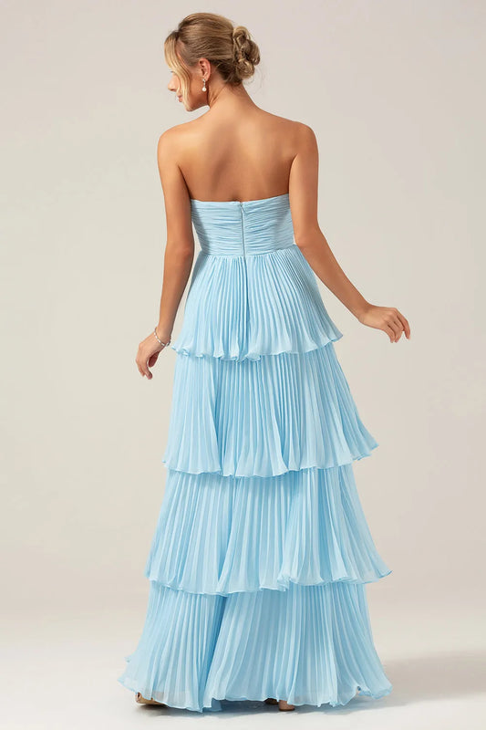 Fashionable Tiered Sweetheart Strapless Sleeveless Pleated Open-Back Back Zip Floor-Length Prom Dress female guests hot sale