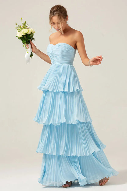 Fashionable Tiered Sweetheart Strapless Sleeveless Pleated Open-Back Back Zip Floor-Length Prom Dress female guests hot sale