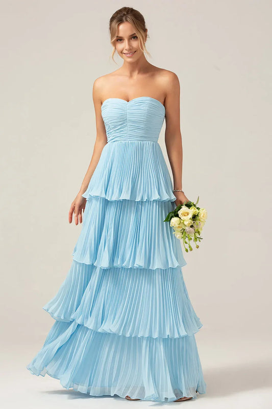 Fashionable Tiered Sweetheart Strapless Sleeveless Pleated Open-Back Back Zip Floor-Length Prom Dress female guests hot sale