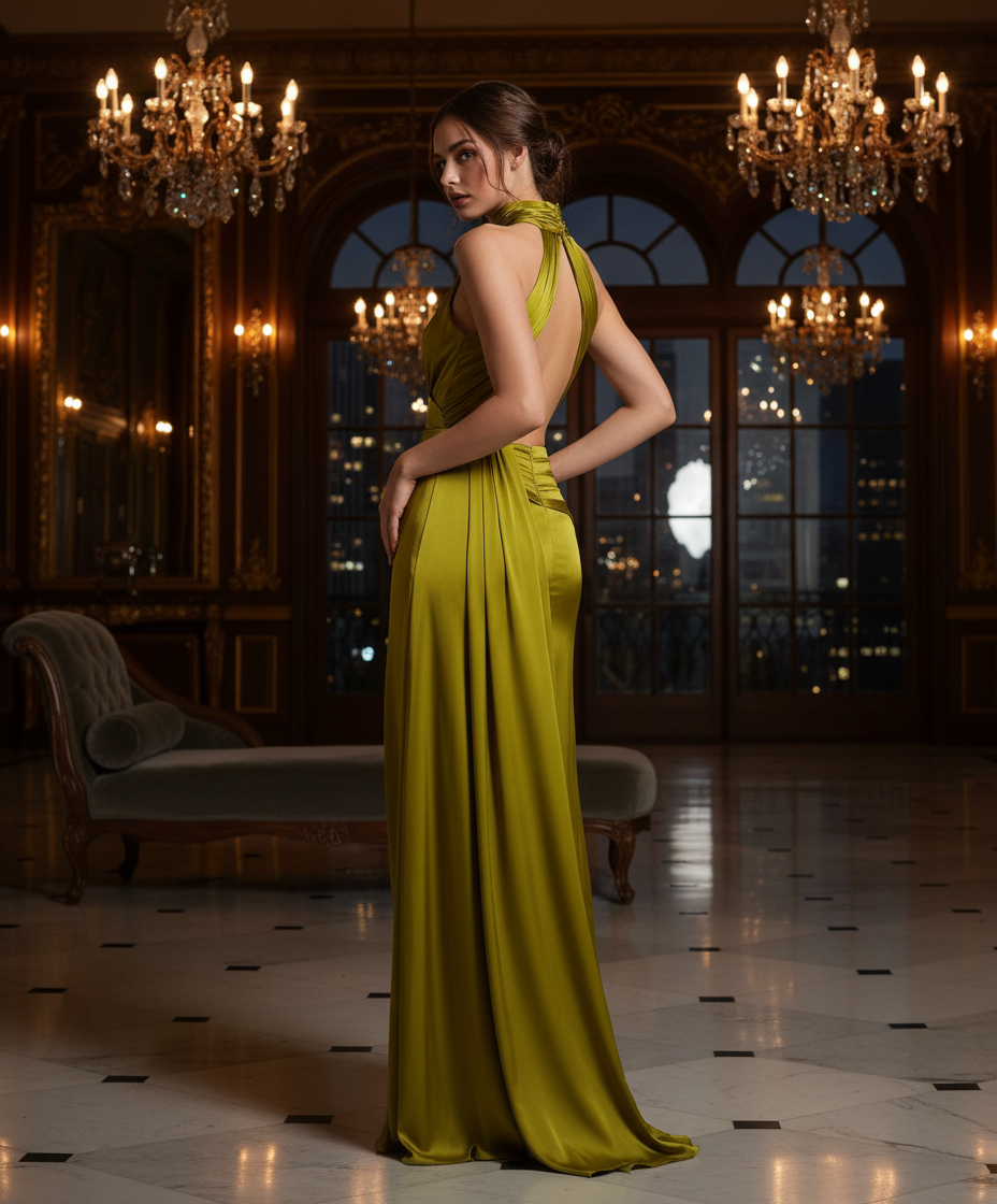 Fashionable Olive Mermaid Halter Neck Sleeveless Open Back Side Ruched Slit Satin Floor-Length Prom Dresses
