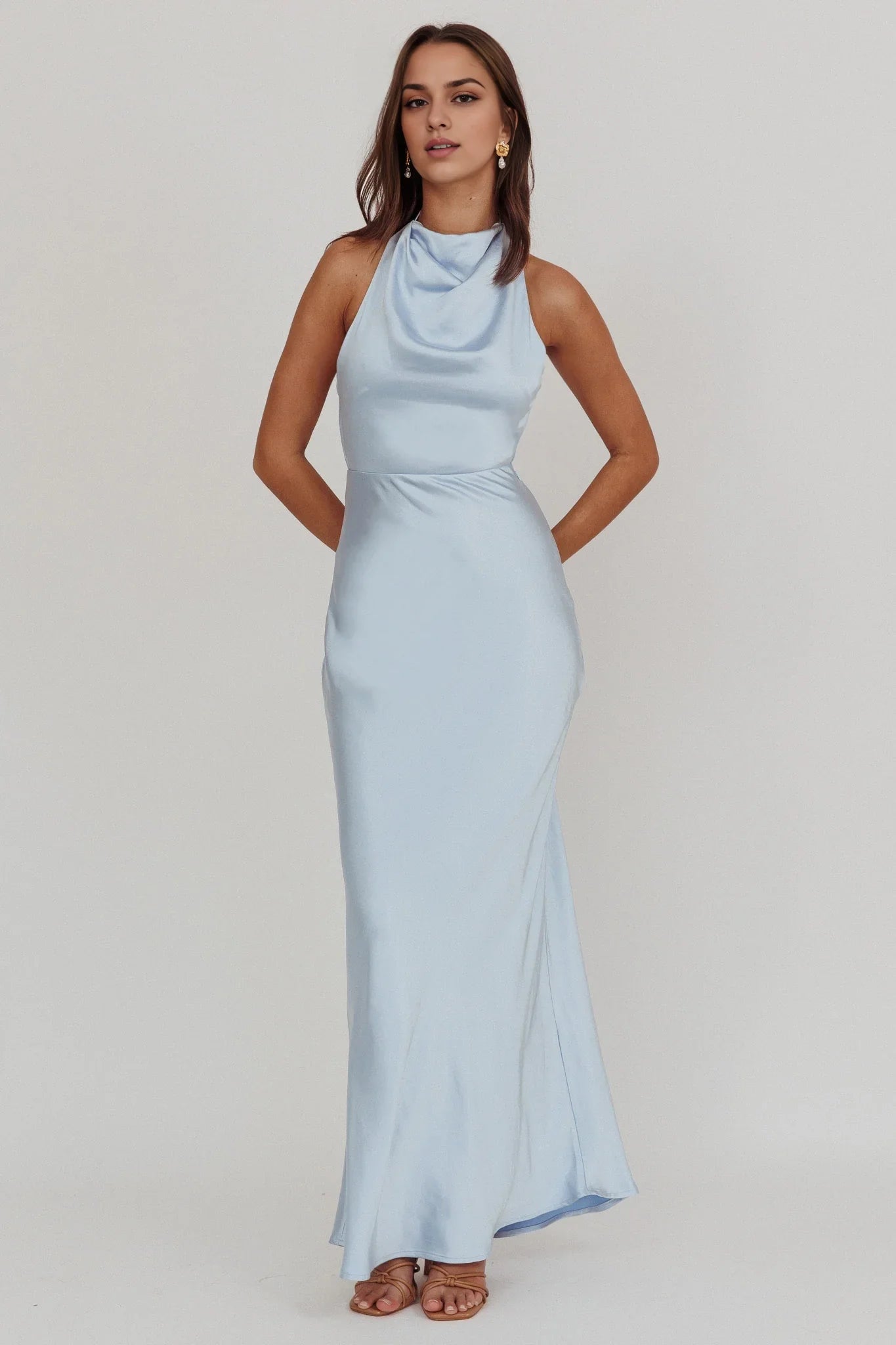 Fashionable high backless, unlined, high hanging neck, side zipper bridesmaid dress