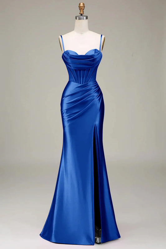 Fashionable mermaid spaghetti strap tight corset party dress front split