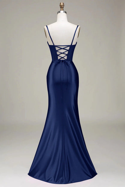 Fashionable mermaid spaghetti strap tight corset party dress front split