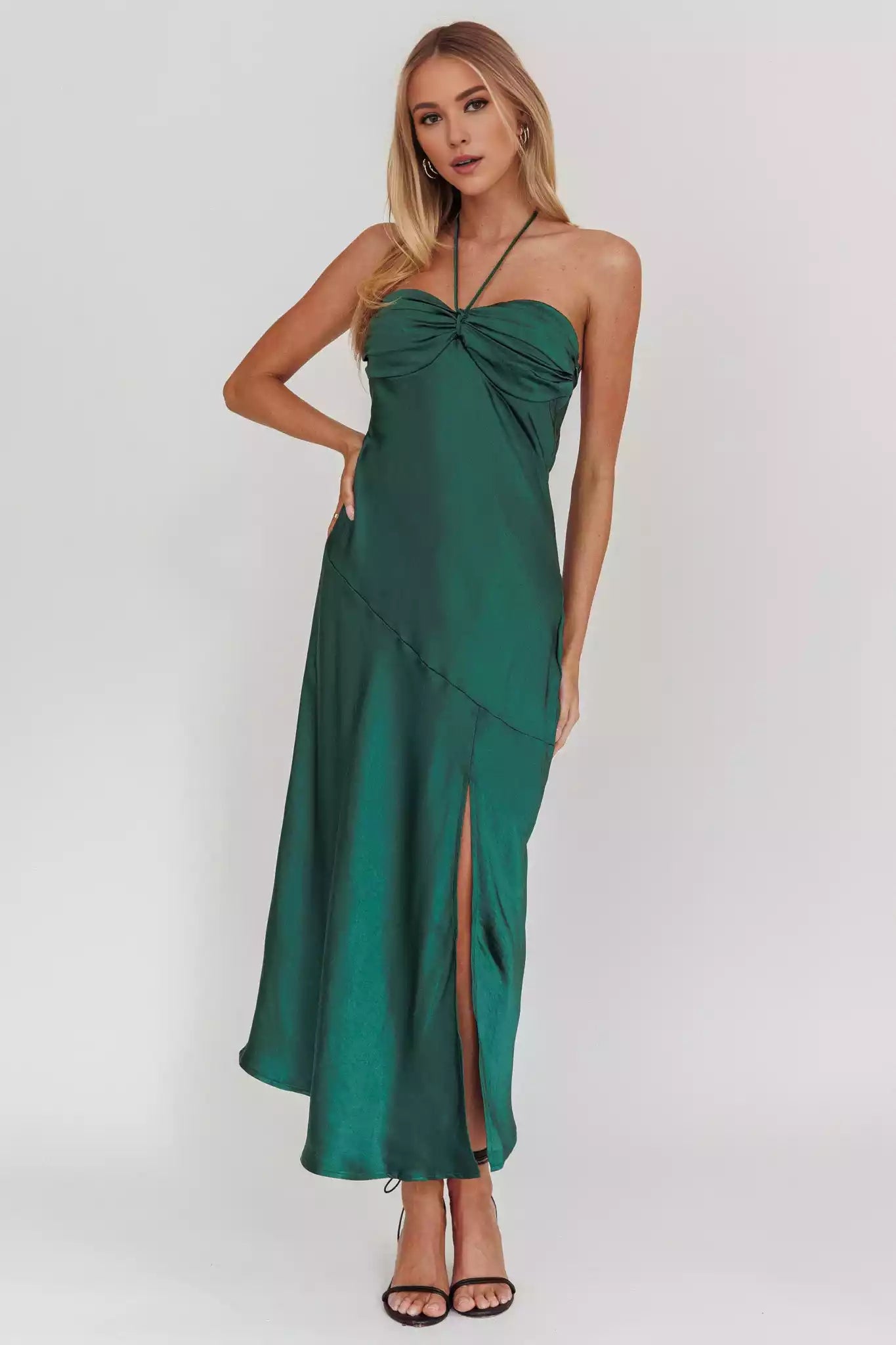 Fashionable satin bust with lining, heart-shaped neckline without shoulder straps, front slit, side zipper, Bridesmaid Dresses