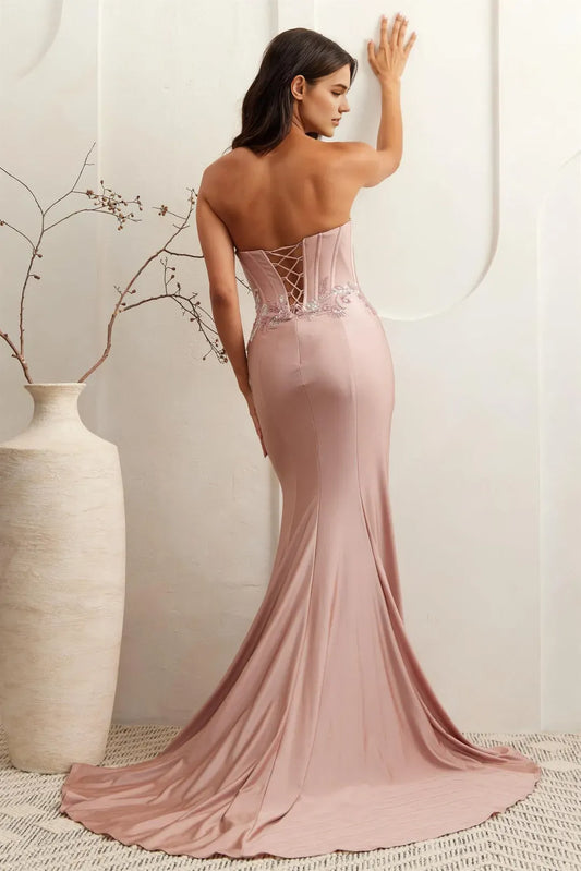 Fashionable semi-sweetheart  sequin applique Strapless Lace Up Floor-Length side leg slit prom dress for women hot sale