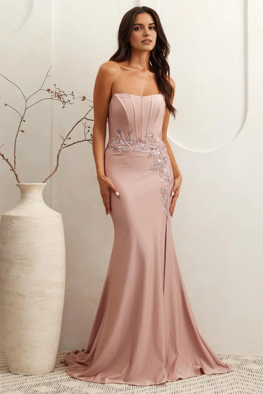 Fashionable semi-sweetheart  sequin applique Strapless Lace Up Floor-Length side leg slit prom dress for women hot sale