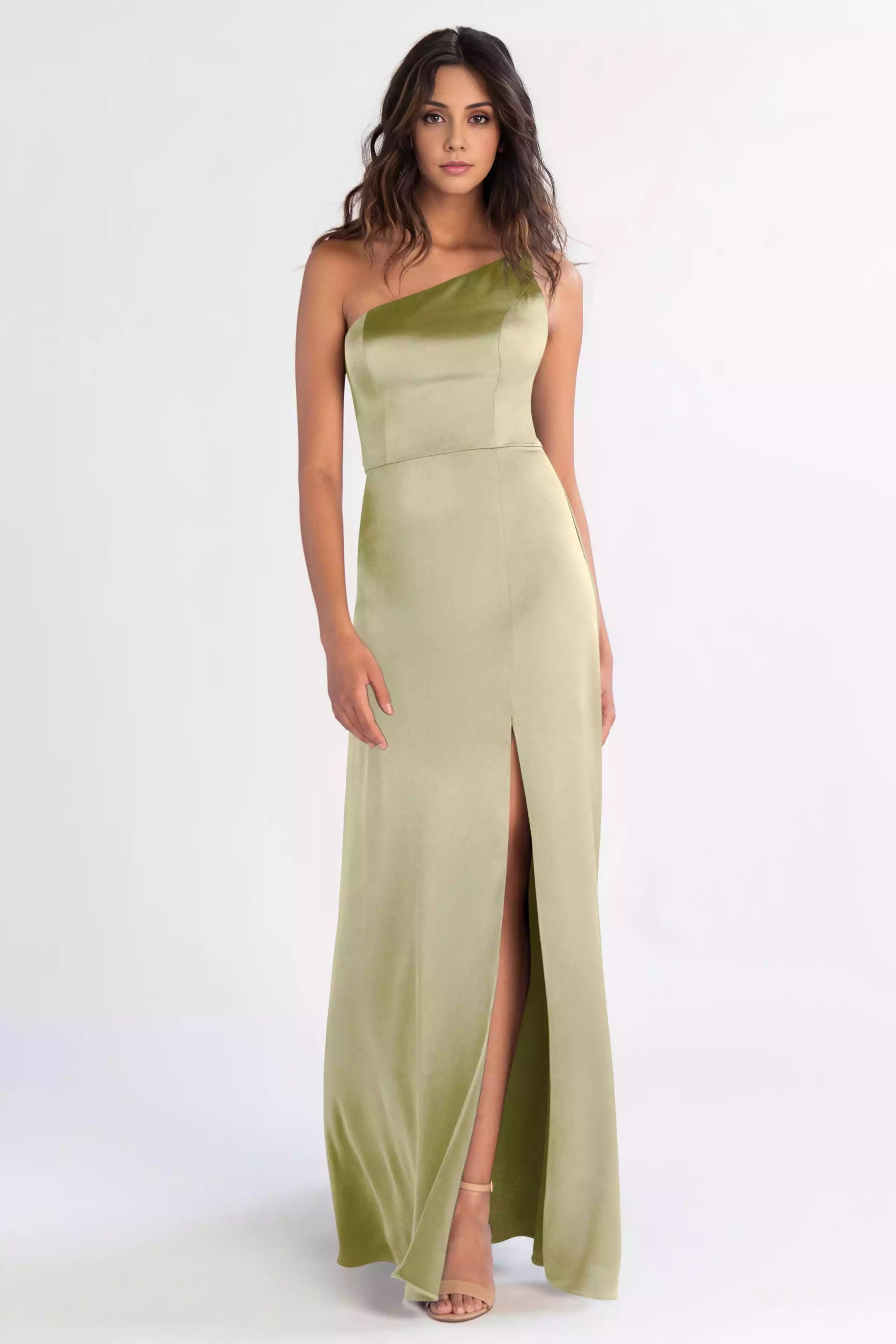 Fashionable single shoulder satin asymmetrical collar decoration collarbone thin shoulder strap A-line slit design Evening Dresses