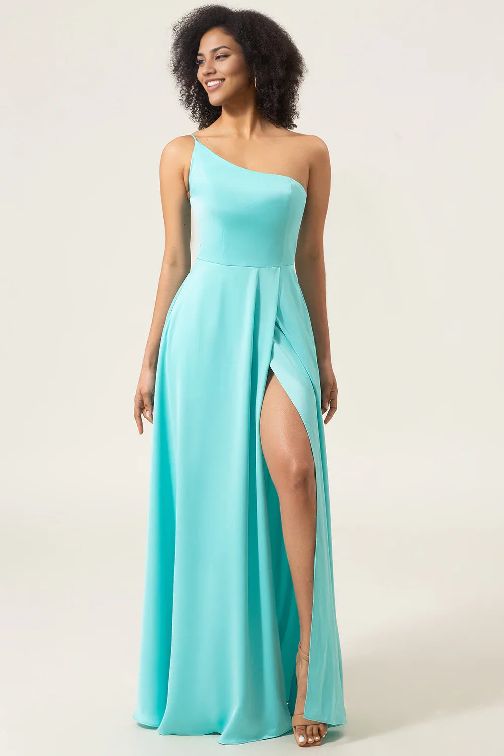 Fashionable sleeveless A-line shoulder and floor chiffon slit bridesmaid dress