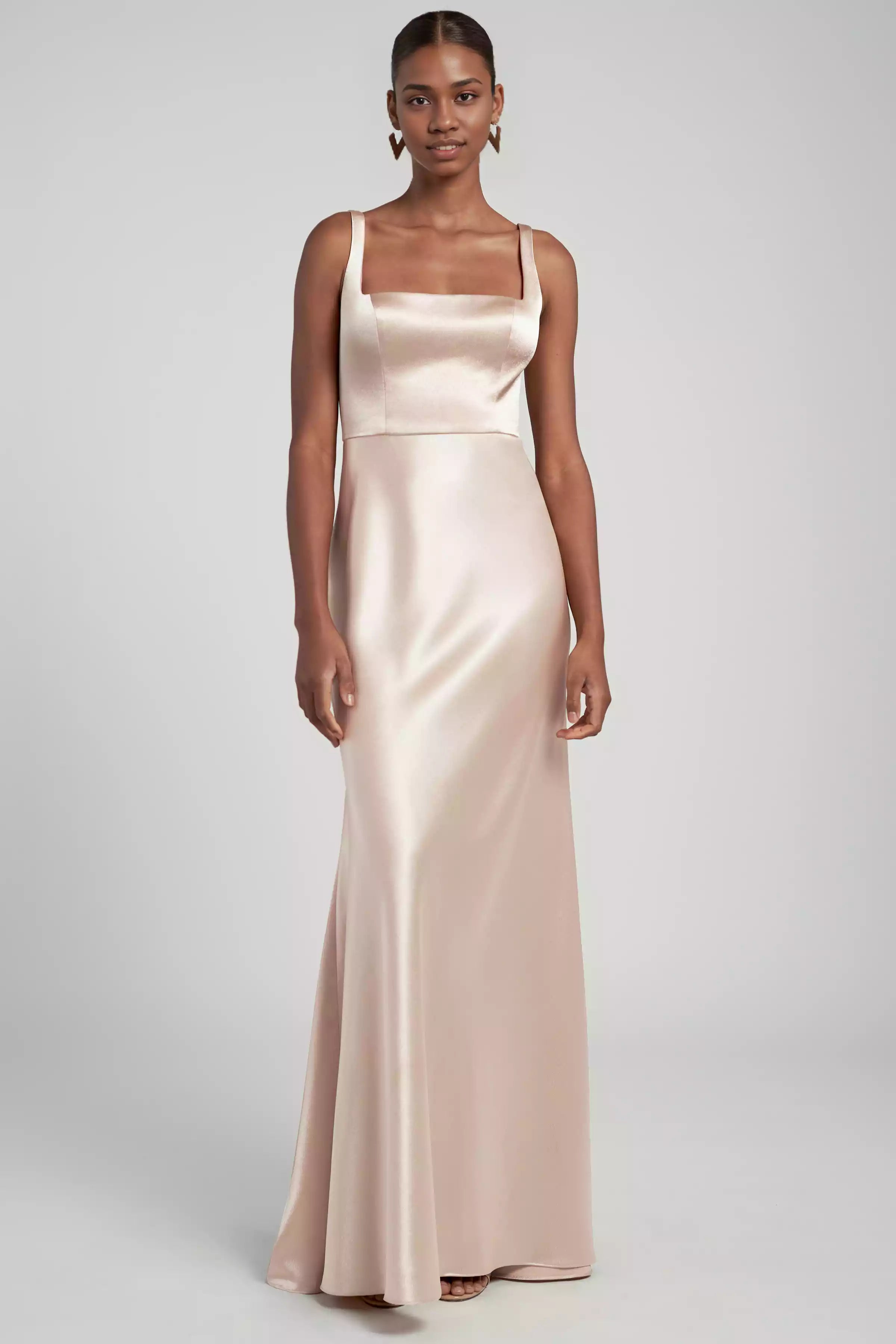 Fashionable square neckline, satin back, crepe, wide shoulder straps, diagonal cut skirt showcasing graceful curves Bridesmaid Dresses