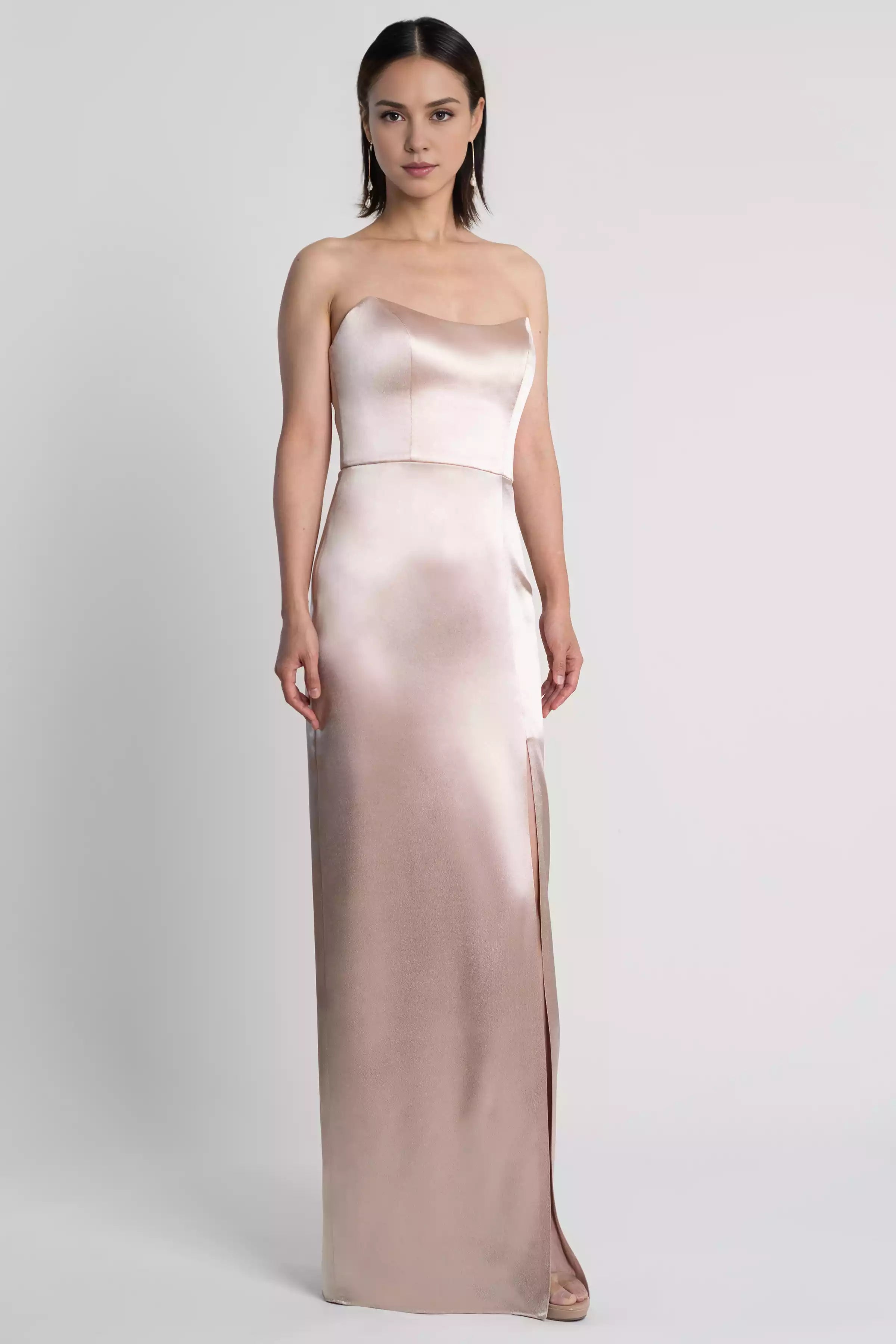 Fashionable strapless round neck natural waist seam slim fit side slit tight corset back mid zip Bridesmaid Dresses
