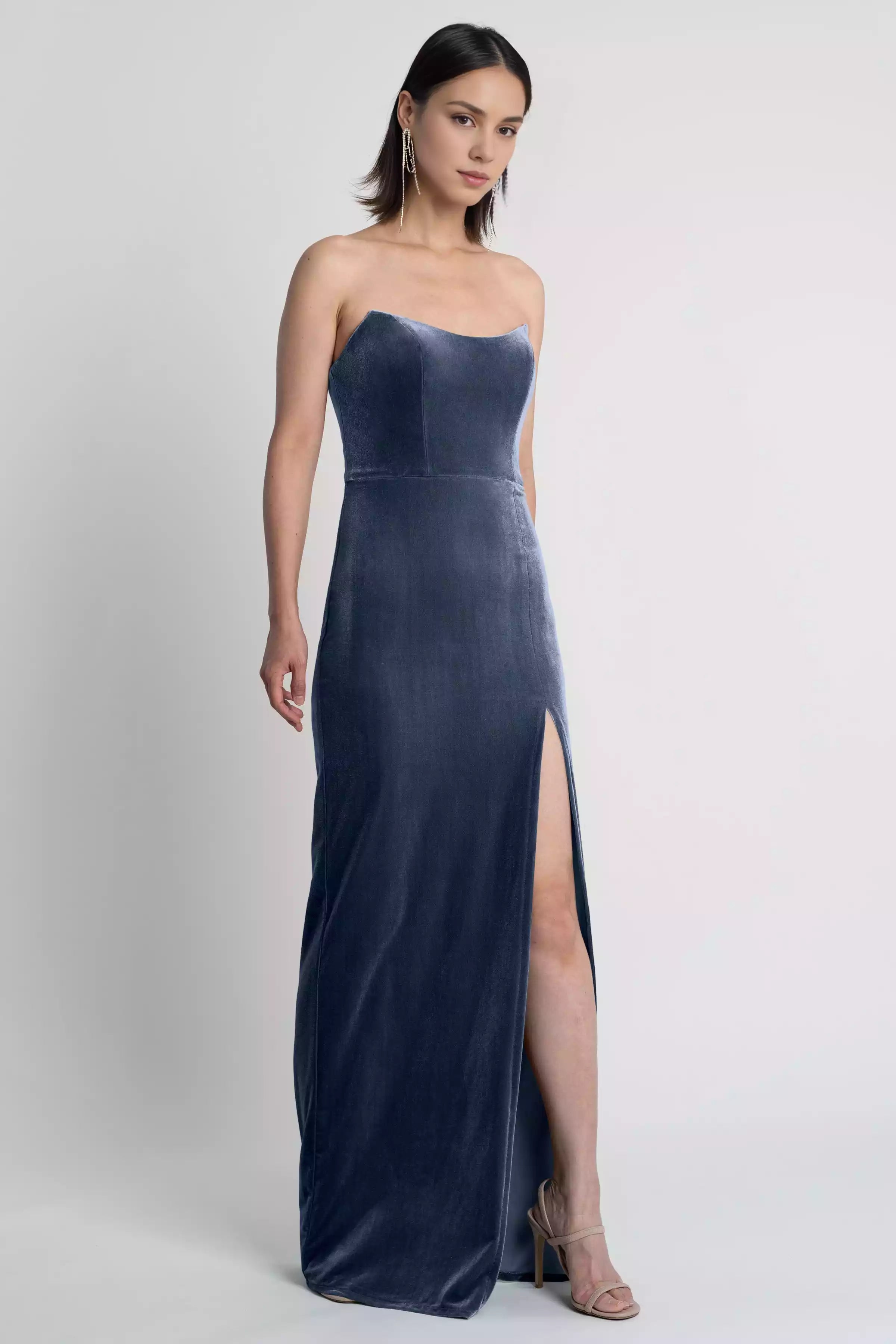 Fashionable velvet strapless round neck off shoulder slim fit with side slits, tight corset, back middle zipper, Bridesmaid Dresses
