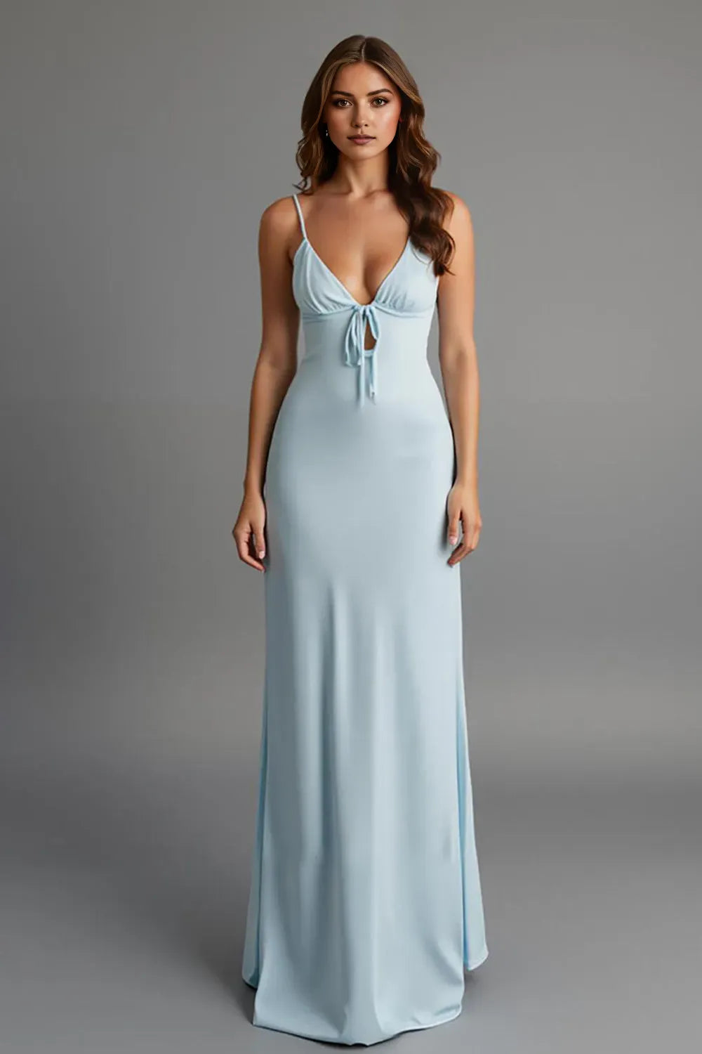 Feminine Sky Blue Sheath V-Neck Spaghetti-Strap Tie-Back Floor-Length Satin Evening Dresses