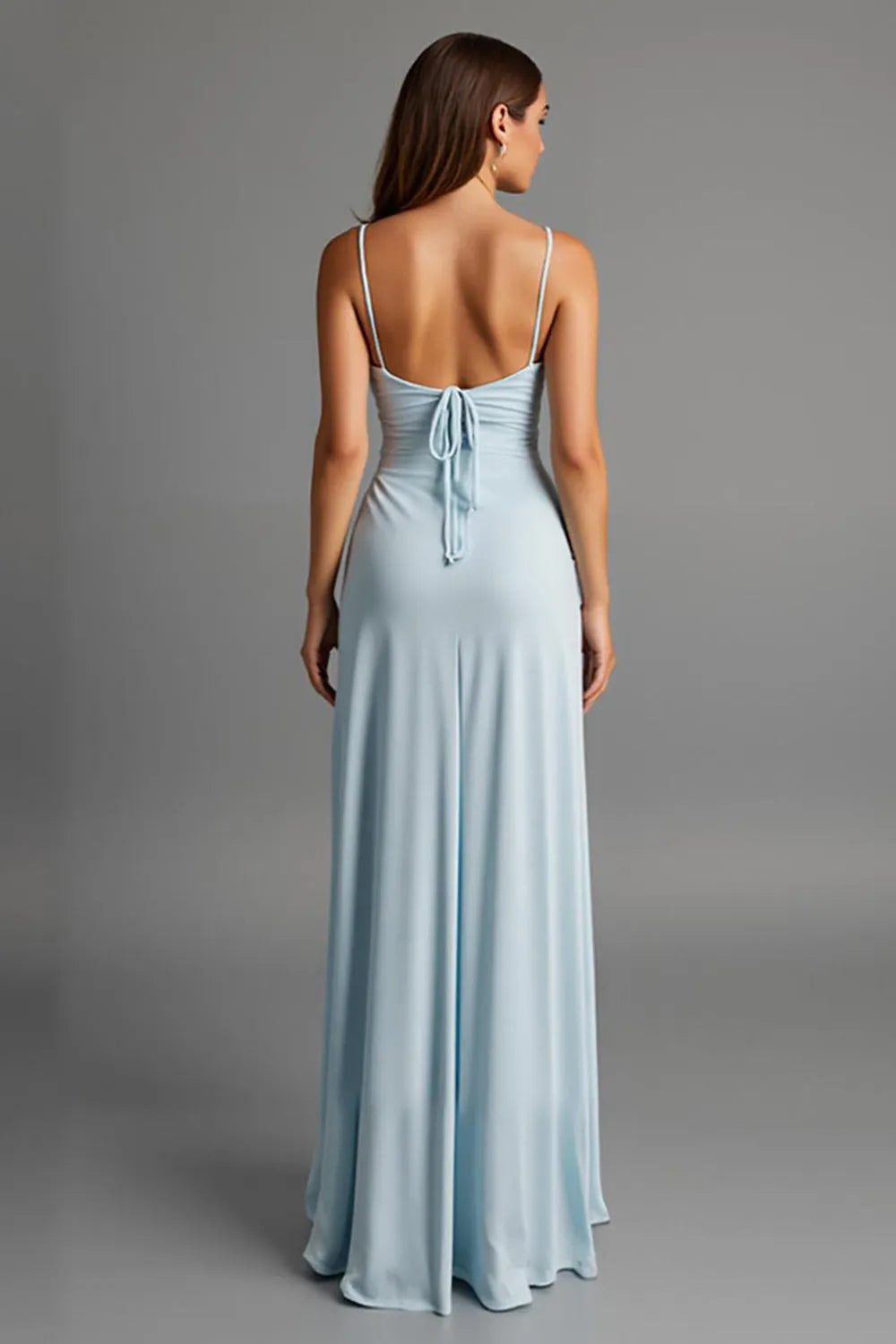 Feminine Sky Blue Sheath V-Neck Spaghetti-Strap Tie-Back Floor-Length Satin Evening Dresses