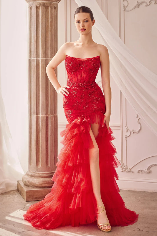 Flat neck sleeveless strapless mermaid dress with multiple layers of trailing