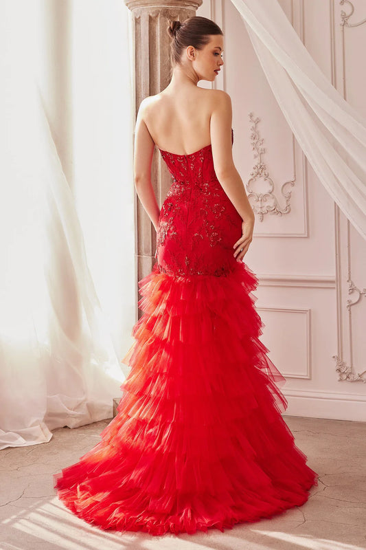 Flat neck sleeveless strapless mermaid dress with multiple layers of trailing