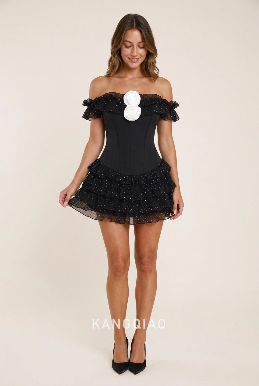Flirty Off-Shoulder Ruffled Polka Dot Black Mini Homecoming Dress