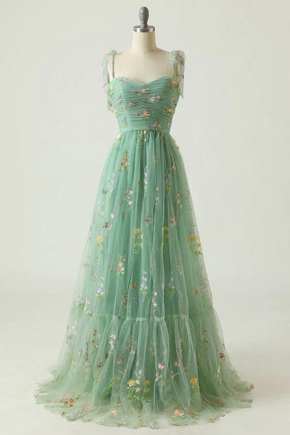 Floral Embroidery Tying Straps Pleated Long Party Dress