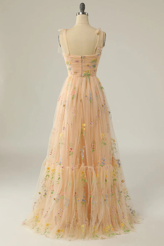 Floral Embroidery Tying Straps Pleated Long Party Dress