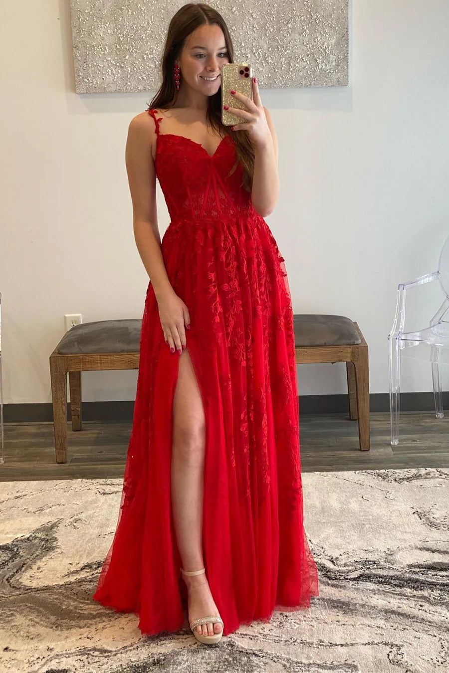 Floral Lace Applique Side Slit Long Formal Dress