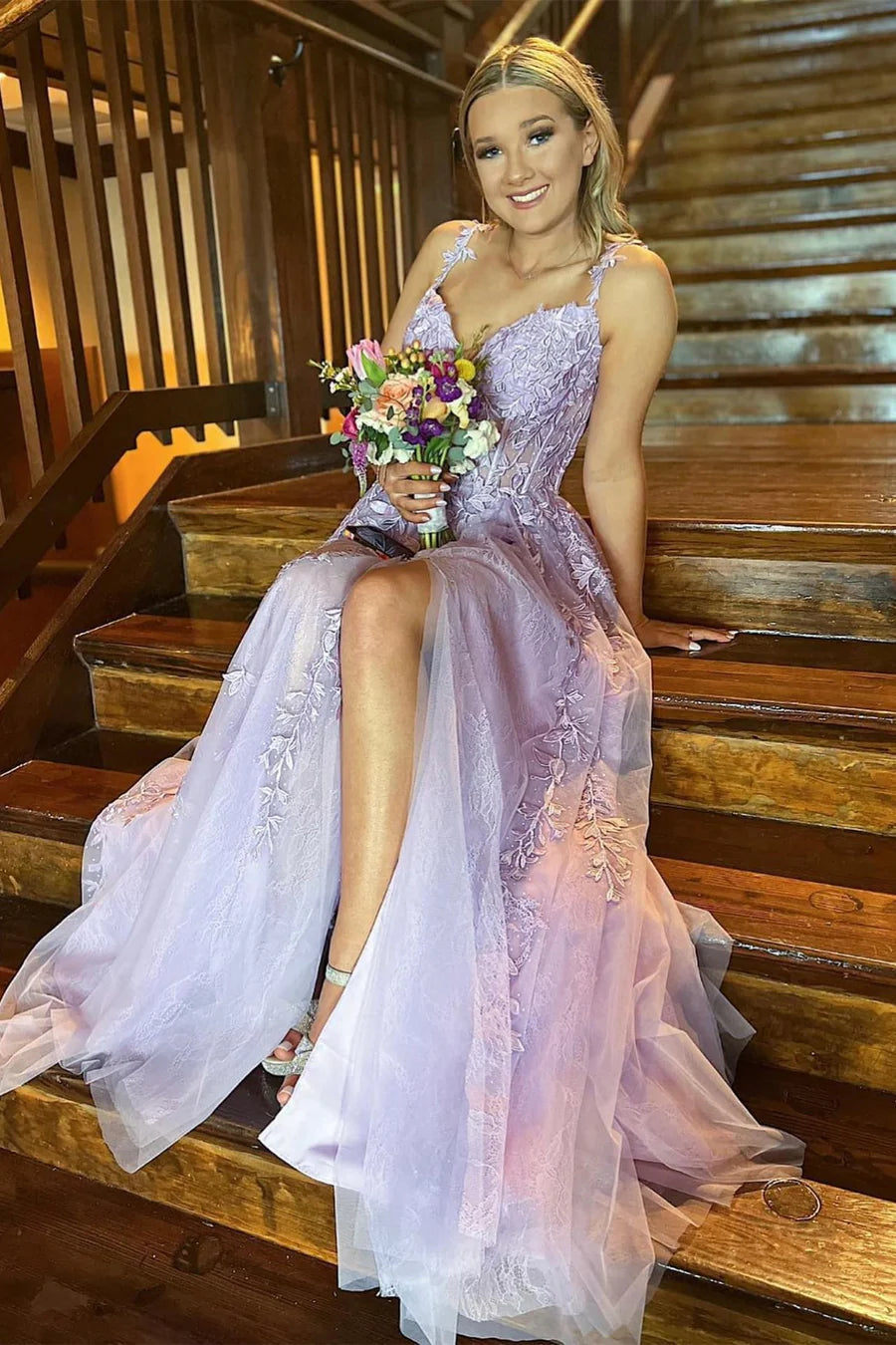 Floral Lace Applique Side Slit Long Formal Dress