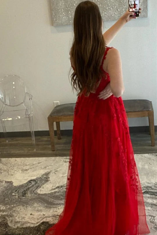 Floral Lace Applique Side Slit Long Formal Dress