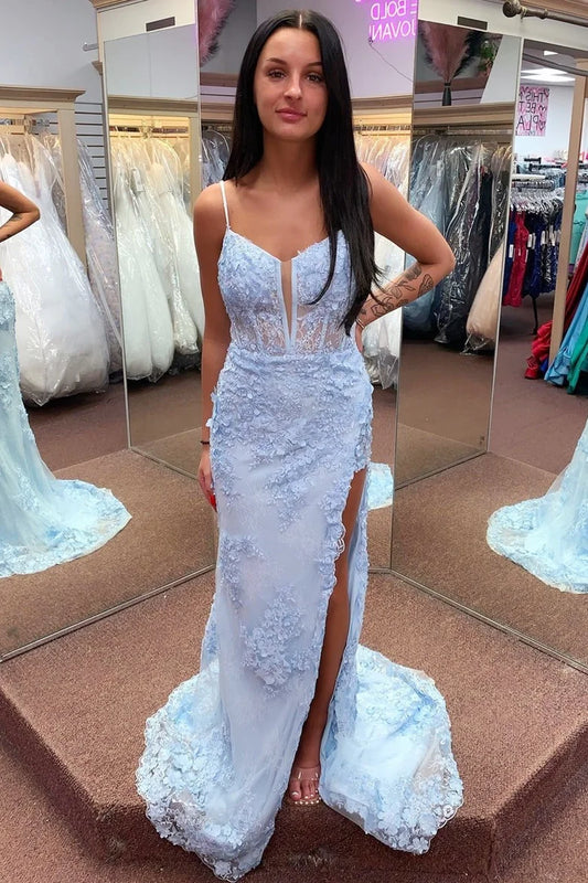 Floral Lace Split Neck Mermaid Long Prom Dress with Slit