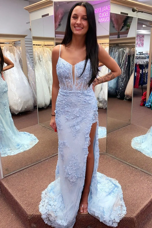Floral Lace Split Neck Mermaid Long Prom Dress with Slit