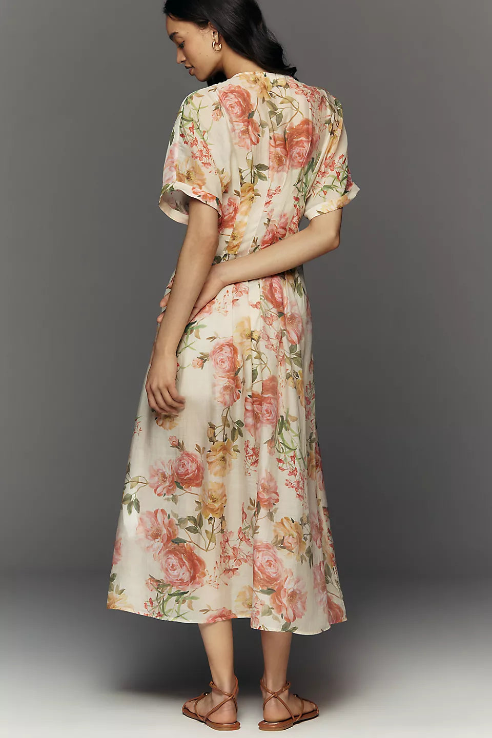 Floral Print Button Down Midi Evening Dresses with Slit