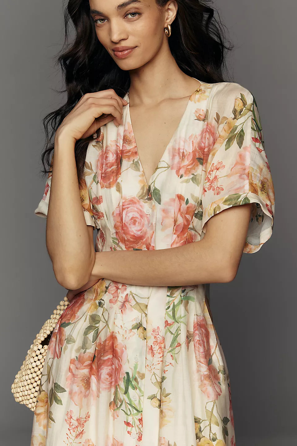 Floral Print Button Down Midi Evening Dresses with Slit
