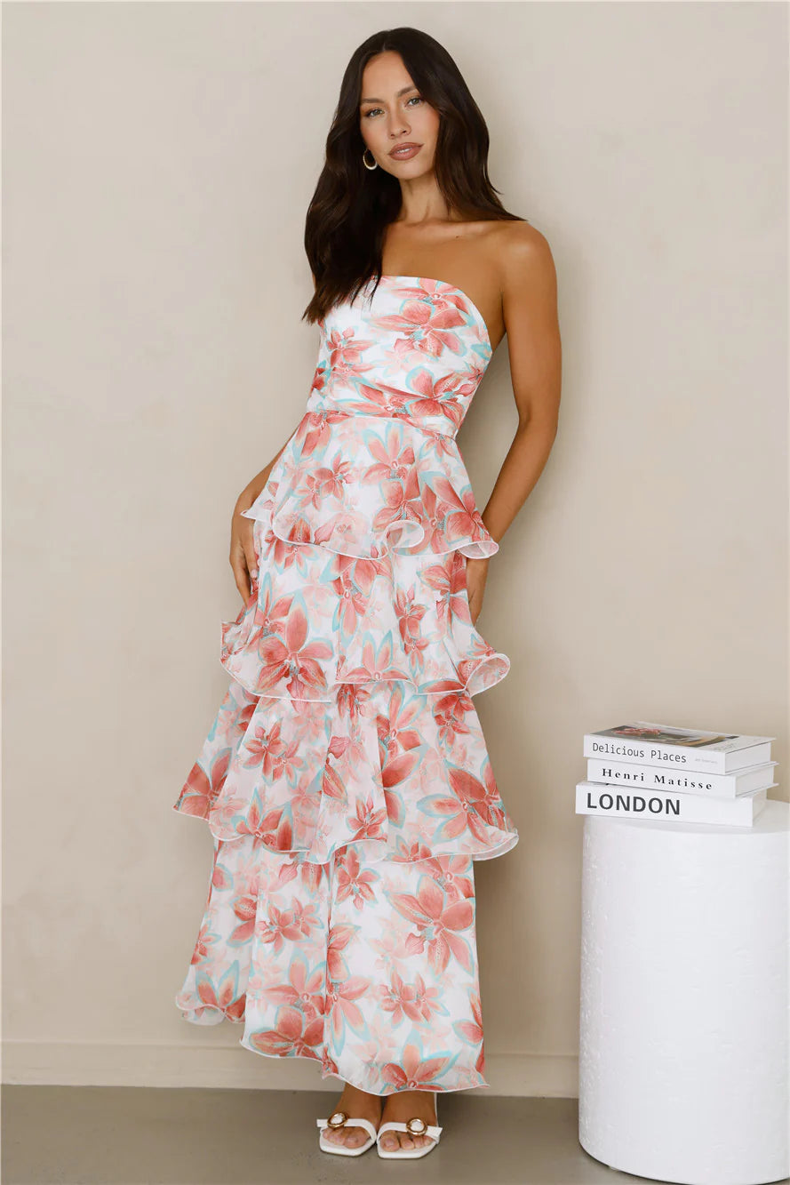 Floral Print Strapless Tiered Maxi Evening Dresses with Ruffle Trim