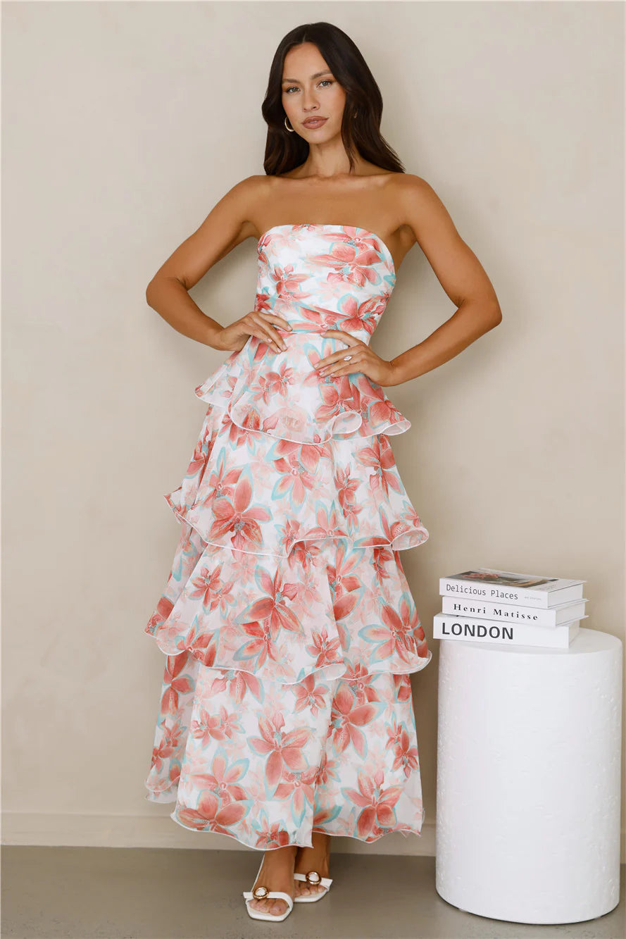 Floral Print Strapless Tiered Maxi Evening Dresses with Ruffle Trim