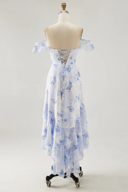 Flower A-line off shoulder pleated flute dress with back tie