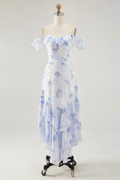 Flower A-line off shoulder pleated flute dress with back tie