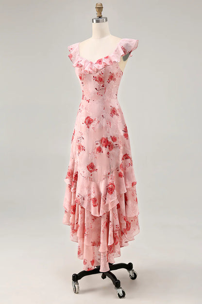 Flower A-line off shoulder pleated flute dress with back tie