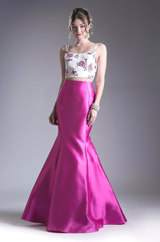 Flower decal 2-piece mermaid dress with thin suspender and exposed back