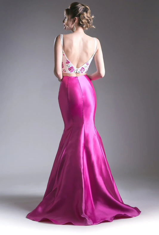 Flower decal 2-piece mermaid dress with thin suspender and exposed back