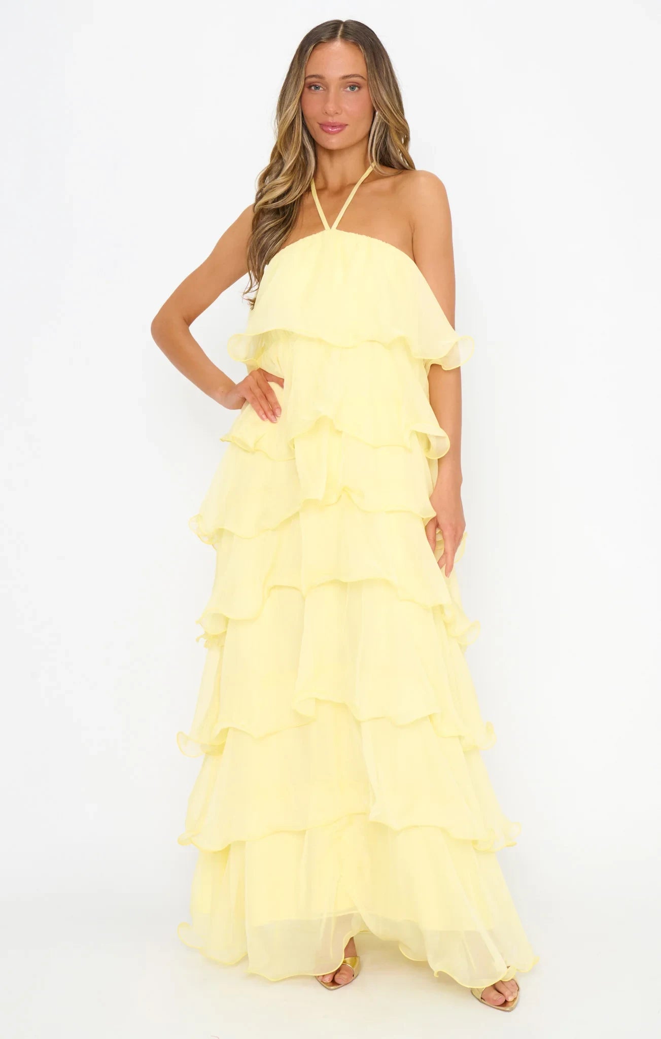 Flowy Tiered Halter Sleeveless Ruffled Yellow Maxi Prom Dress Women's Gown