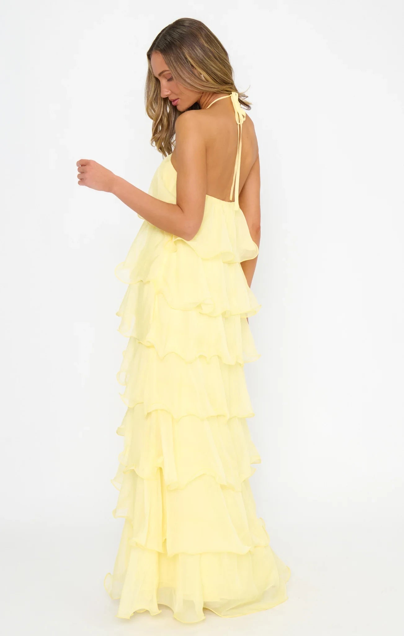 Flowy Tiered Halter Sleeveless Ruffled Yellow Maxi Prom Dress Women's Gown