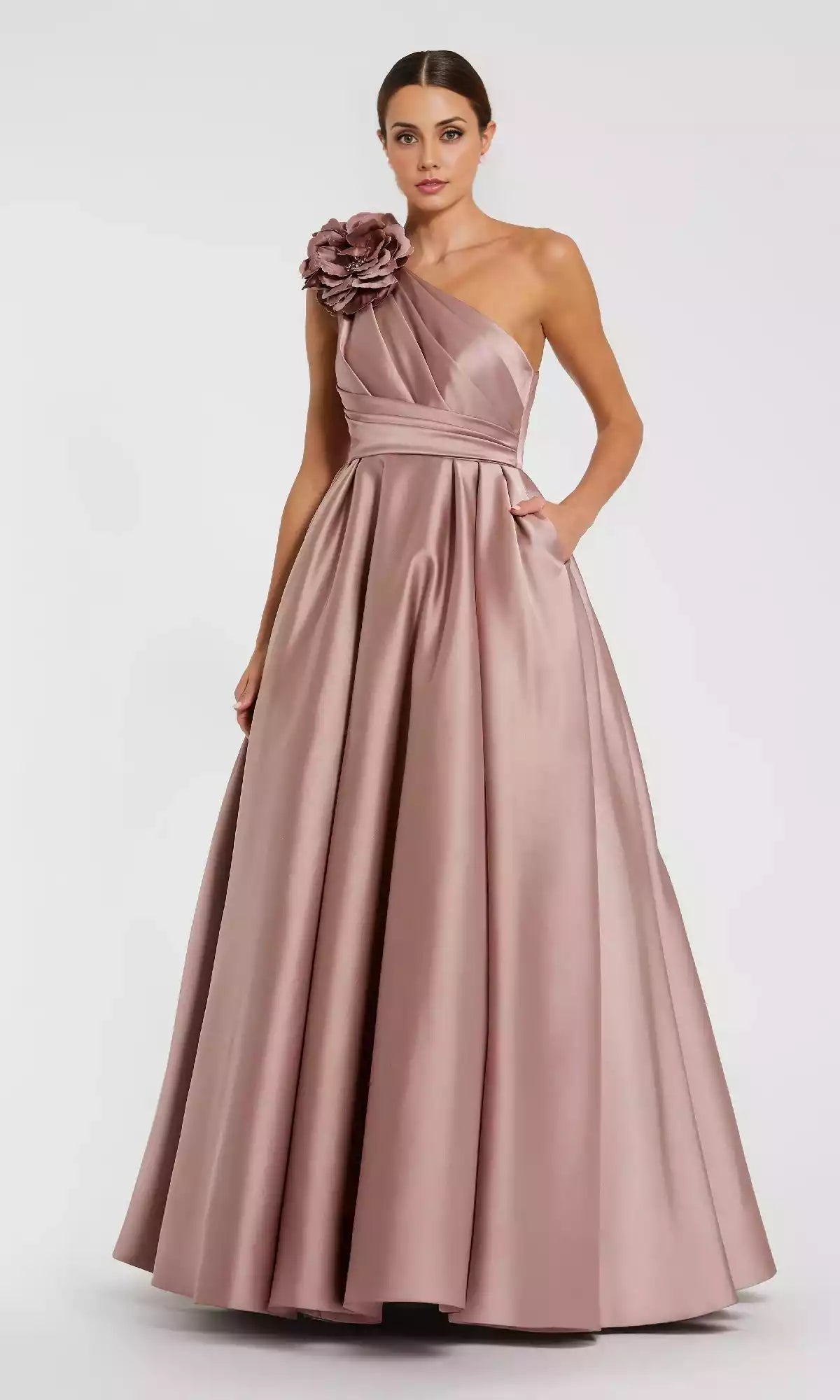 Fluffy A-line skirt, single shoulder satin pleated slim fit corset, asymmetrical neckline, back zipper closure Prom Dresses