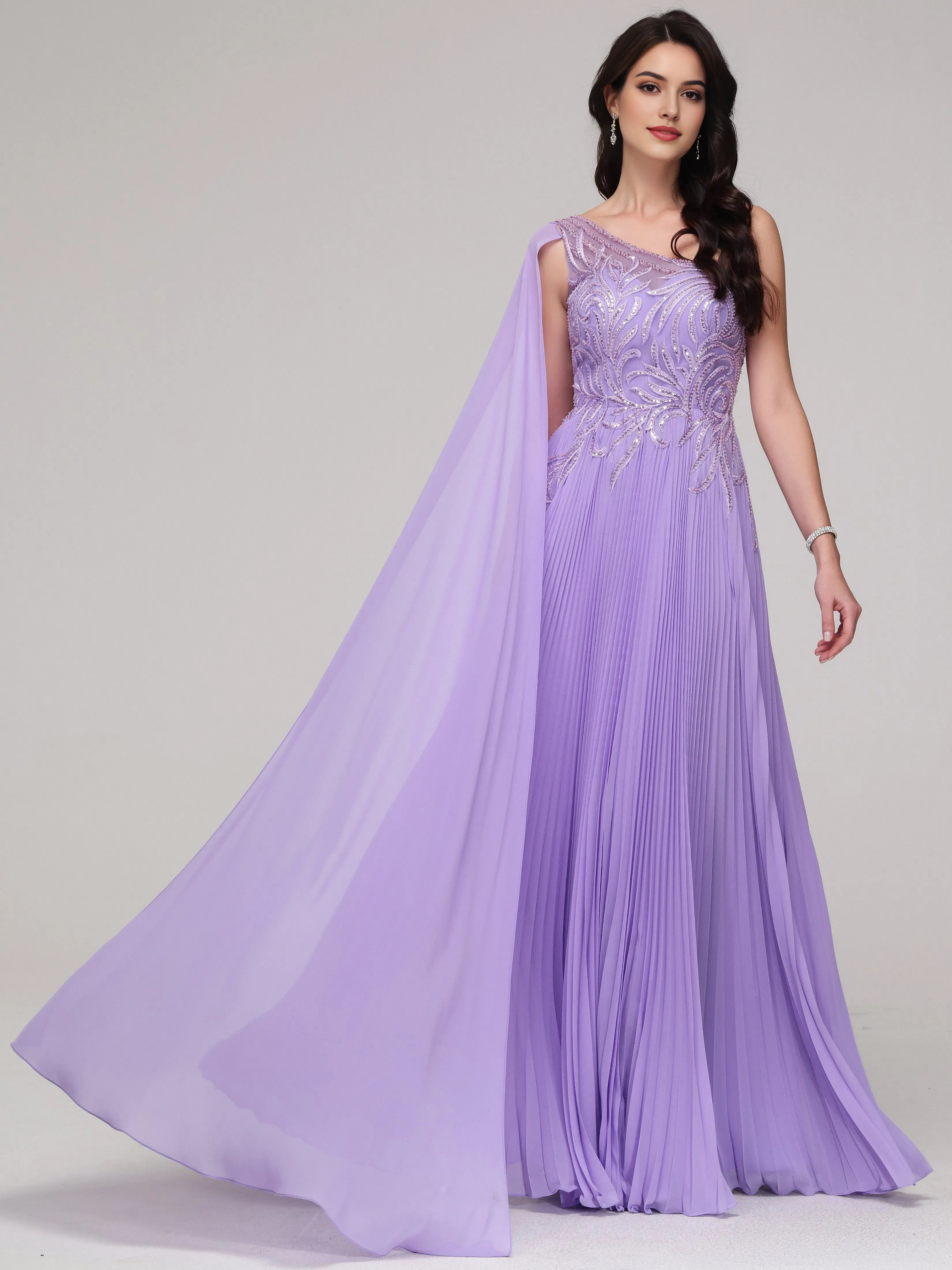 Formal One -Shoulder  Flowy Sequin Appliqued Chiffon Prom Dress with Beaded Embellishments Chiffon Capelet and Pleated Skirt