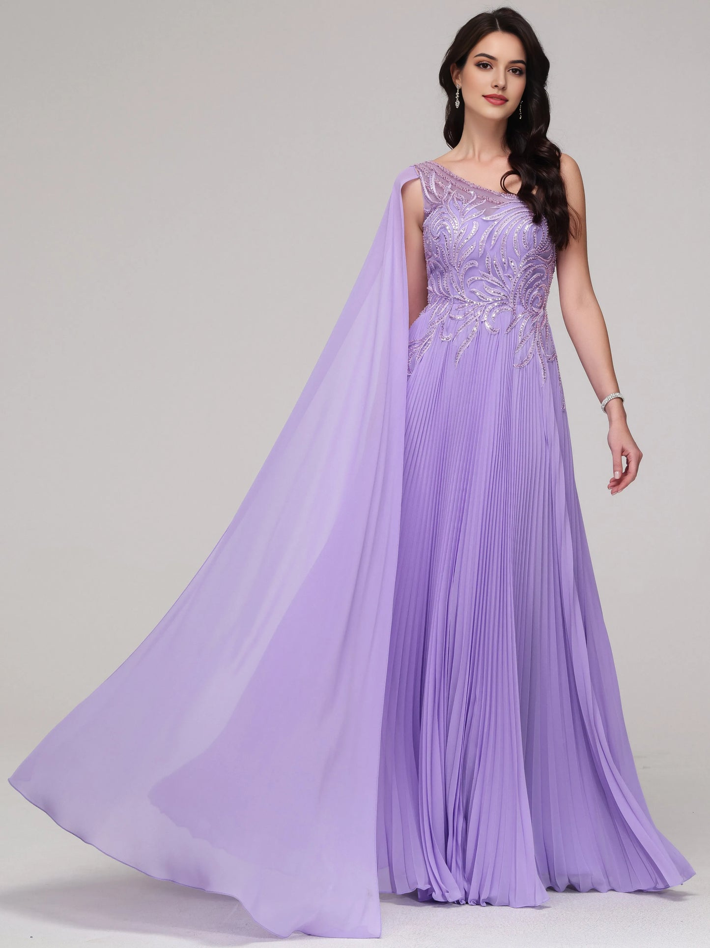 Formal One -Shoulder  Flowy Sequin Appliqued Chiffon Prom Dress with Beaded Embellishments Chiffon Capelet and Pleated Skirt