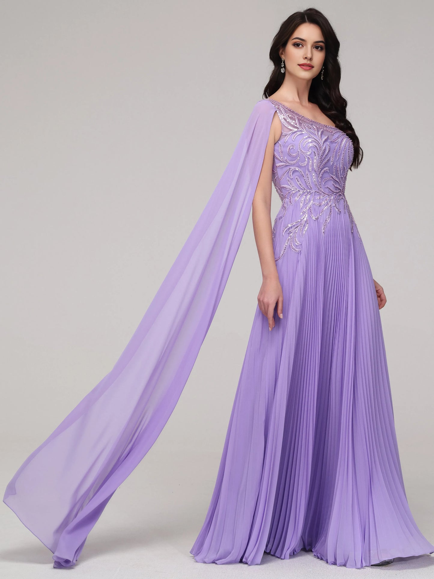 Formal One -Shoulder  Flowy Sequin Appliqued Chiffon Prom Dress with Beaded Embellishments Chiffon Capelet and Pleated Skirt