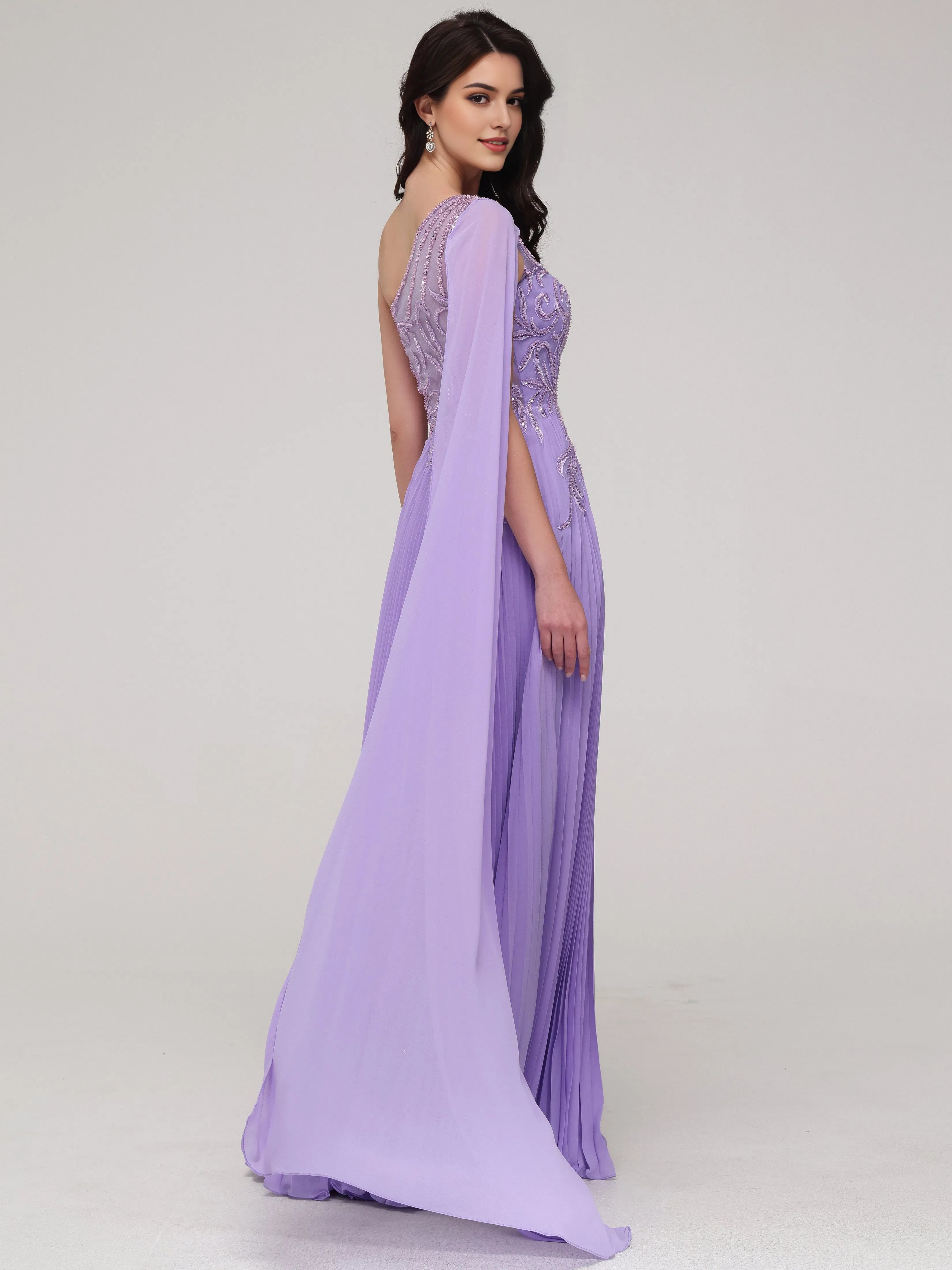 Formal One -Shoulder  Flowy Sequin Appliqued Chiffon Prom Dress with Beaded Embellishments Chiffon Capelet and Pleated Skirt