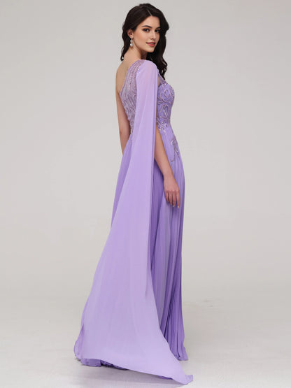 Formal One -Shoulder  Flowy Sequin Appliqued Chiffon Prom Dress with Beaded Embellishments Chiffon Capelet and Pleated Skirt