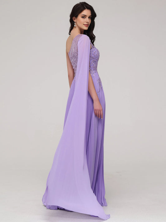Formal One -Shoulder  Flowy Sequin Appliqued Chiffon Prom Dress with Beaded Embellishments Chiffon Capelet and Pleated Skirt