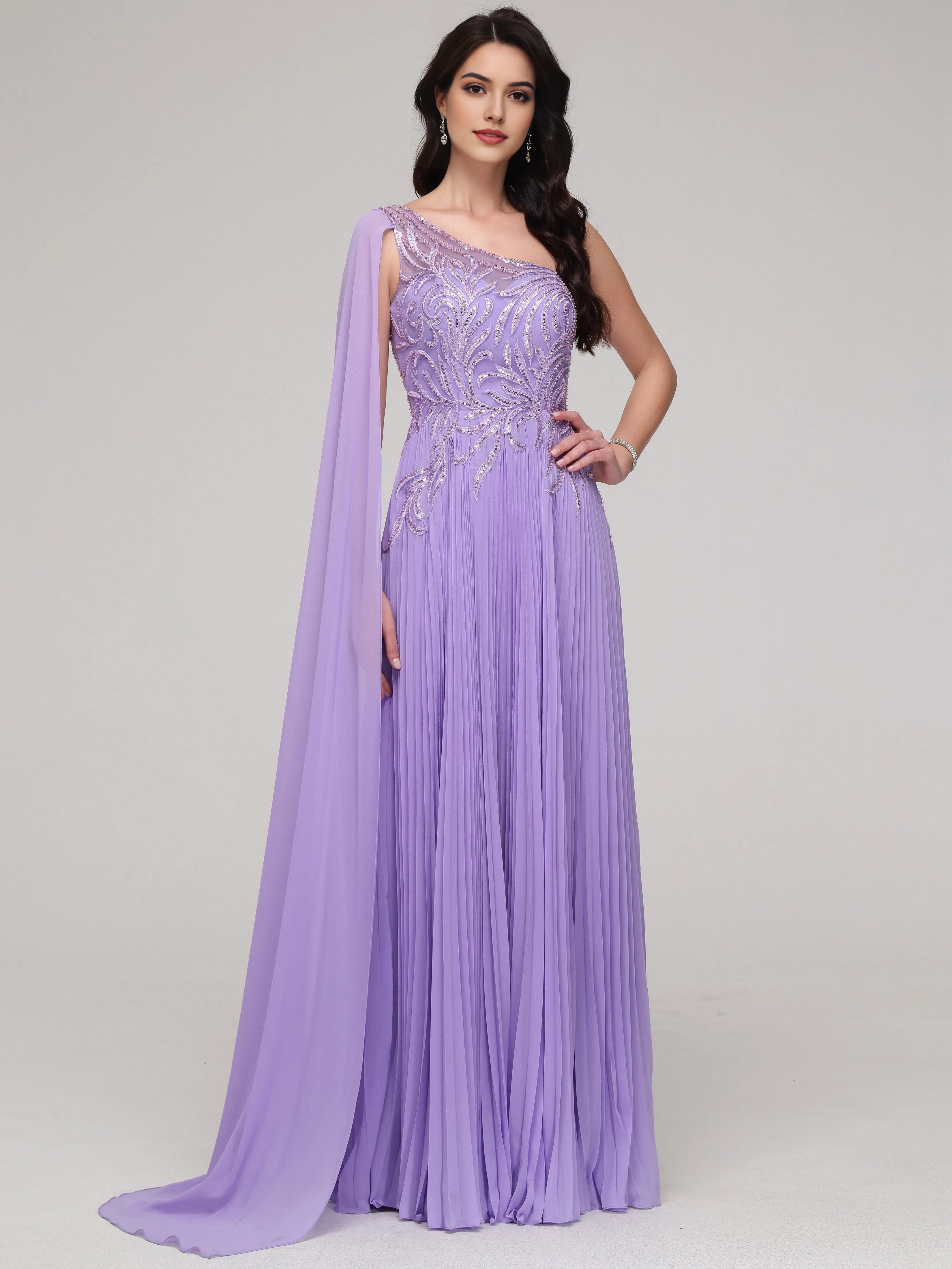 Formal One -Shoulder  Flowy Sequin Appliqued Chiffon Prom Dress with Beaded Embellishments Chiffon Capelet and Pleated Skirt