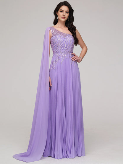 Formal One -Shoulder  Flowy Sequin Appliqued Chiffon Prom Dress with Beaded Embellishments Chiffon Capelet and Pleated Skirt